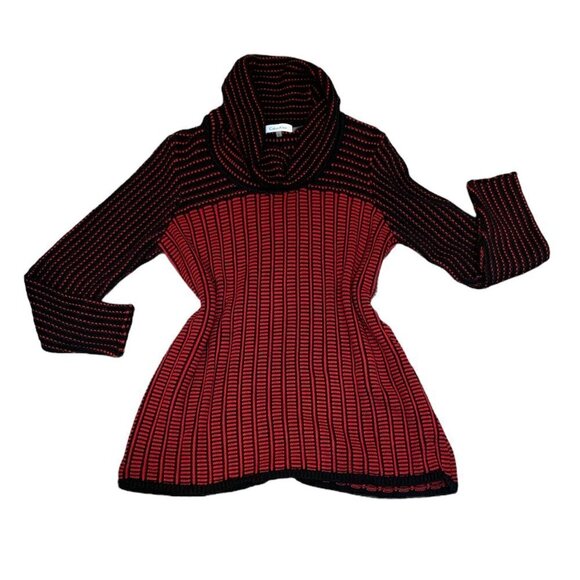 Calvin Klein Womens Cotton Cowl Neck Sweater Sz L Red & Black #215H - Picture 1 of 7
